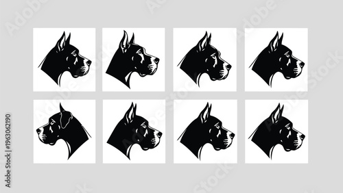 A grid of eight black silhouette portraits depicting the head and neck of a great dane