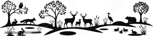 Black silhouette of forest animals and trees on white background landscape scene