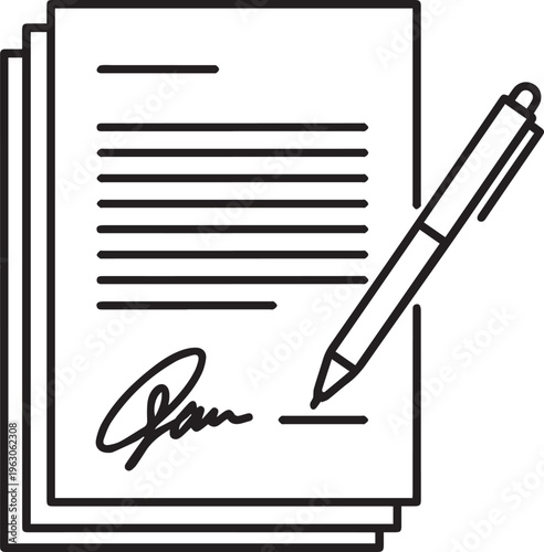 A stack of important paper documents with a pen resting near a freshly signed signature isolated on transparent background, Vector, illustration