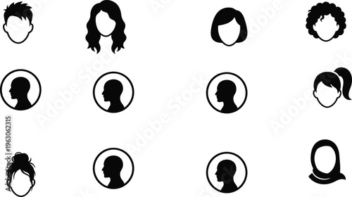 Set of twelve black vector silhouette user profile avatars featuring diverse hairstyles hijab and default account circles with selection paths for graphic design
