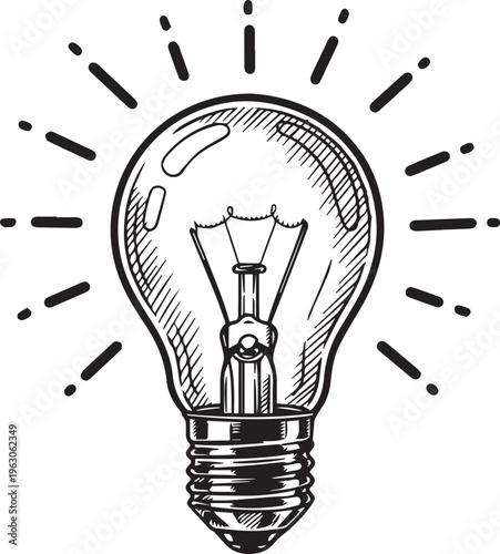 A bright glowing lightbulb sketch representing a brilliant new idea or a sudden creative thought isolated on transparent background, Vector, illustration