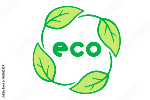 ecoの文字と葉の円形デザイン エコシンボルのシンプル線画ベクターイラスト