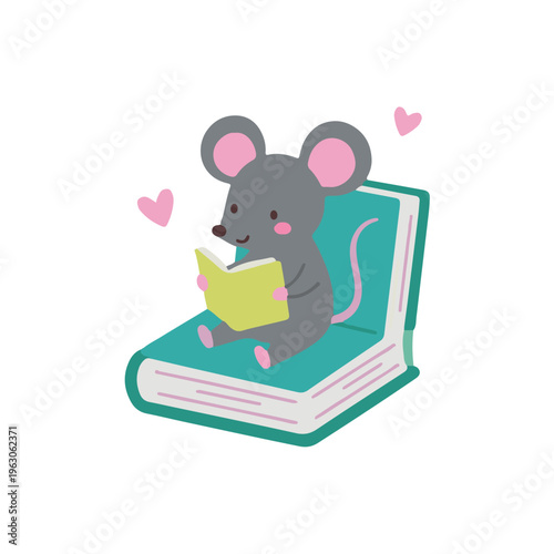 Cute Kawaii Cartoon Mouse Sitting and Reading a Book on a Large Book Pile, Child Education Concept