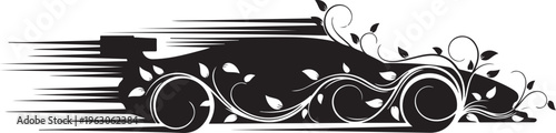 Black silhouette of a speeding car with floral leaves