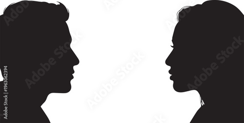 Black silhouette profile heads of a man and a woman facing each other in conversation isolated on transparent background, Vector, illustration