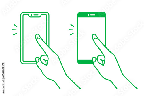 形の異なるスマホを指でタップする2種類の緑１色のシルエットアイコン