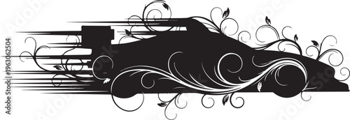 Black silhouette of a speeding car with floral swirls