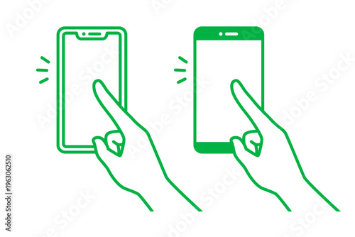 形の異なるスマホを指でタップする2種類の緑１色のシルエットアイコン