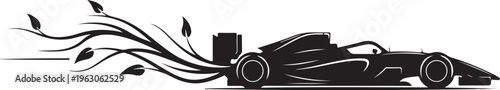 Black silhouette of a speeding race car with leafy stream