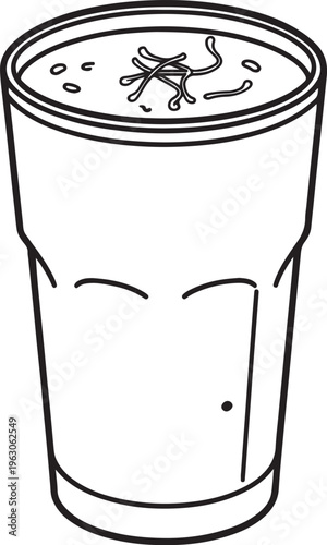A simple black and white line drawing illustration of a tall glass filled with a beverage, possibly a smoothie or a milkshake, topped with a few garnish strands
