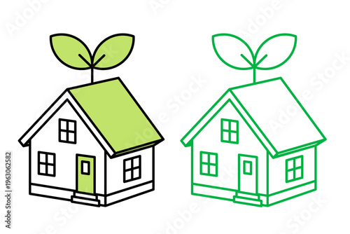 屋根に双葉が乗ったエコ住宅のかわいいシンプル線画ベクターイラスト