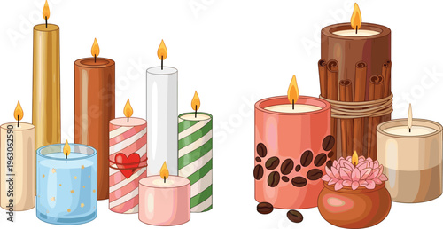 Aromatic candle collection vector illustration with decorative scented candles, coffee beans, floral elements and cozy spa relaxation atmosphere in flat style