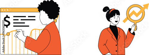 Two professionals analyzing financial growth and investment charts with enthusiasm and focus in office setting