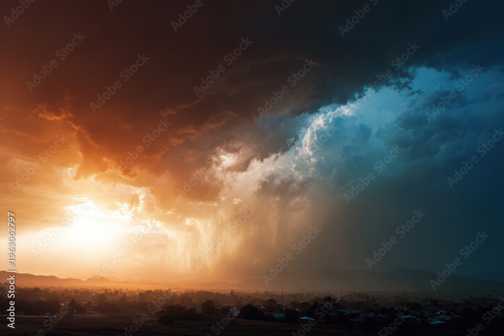 Obraz premium Dramatic Storm Clouds with Sun Rays Over Landscape and Distant Rain