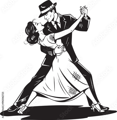 A stylish couple in vintage clothing dancing passionately together in a classic elegant ballroom style isolated on transparent background, Vector, illustration