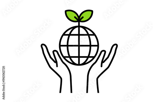 手で包み込む地球と木 環境保護を表すシンプル線画イラスト