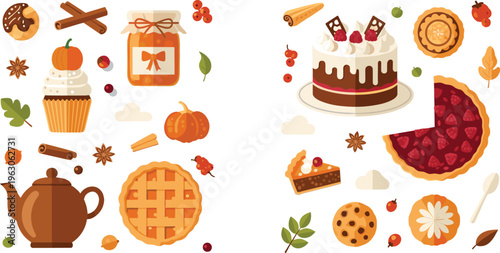 Autumn desserts vector set with pies, cakes, pumpkin sweets, tea, cookies and seasonal bakery elements in warm flat illustration style