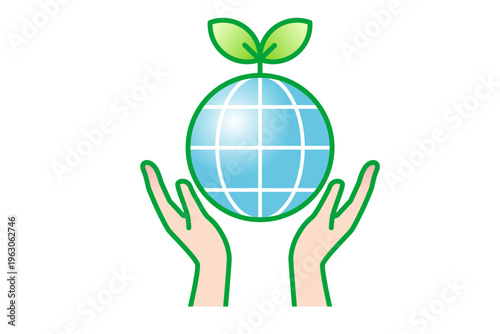 手で包み込む地球と木 環境保護を表すシンプル線画イラスト