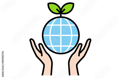 手で包み込む地球と木 環境保護を表すシンプル線画イラスト