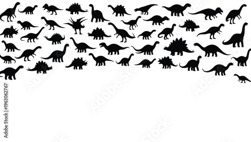 A collection of diverse dinosaur silhouettes are scattered across a clean white background