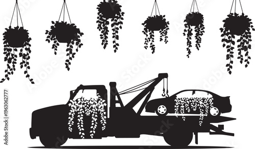 Black silhouette of a tow truck with hanging plants and plants on the truck