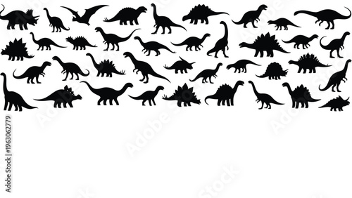 A dense collection of black silhouettes depicts a variety of prehistoric dinosaurs in differing poses