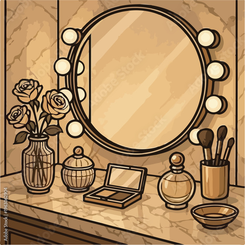 Vintage Vanity Dressing Table Illustration with Round Hollywood Mirror Roses Perfume Makeup and Brushes Warm Tone Vector Art