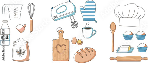 Baking tools vector set with mixer, whisk, bread, milk, flour, cutting board and kitchen utensils in modern flat illustration style