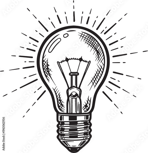 A classic glowing light bulb representing creative thinking and new ideas for solving complex problems isolated on transparent background, Vector, illustration