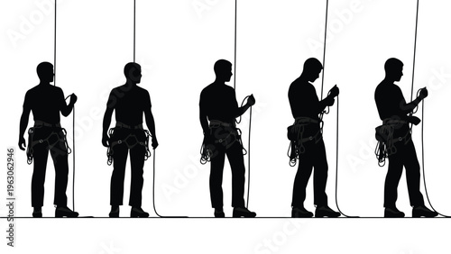 Silhouettes of five male climbers descending a rope showcasing safety gear and focused concentration