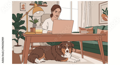 Cozy Home Office Illustration Woman Working on Laptop with Dog Under Desk, Vector Art