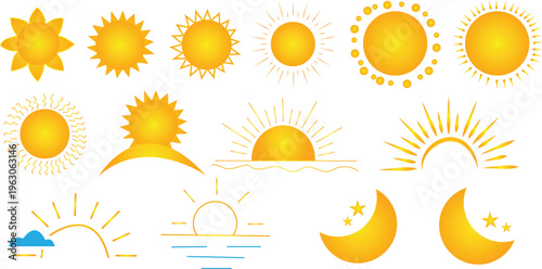 Sun, moon, and star icons set, yellow, vector graphics, celestial symbols collection