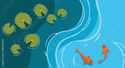 Minimalist koi fish pond vector illustration, orange carp swimming in blue water with green lily pads, zen garden nature background