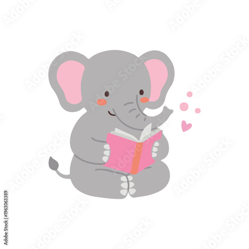 Cute Kawaii Cartoon Elephant Sitting and Reading a Pink Book with Floating Hearts, Love for Reading Concept