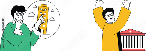 Two people express contrasting reactions to a building structure and a government building