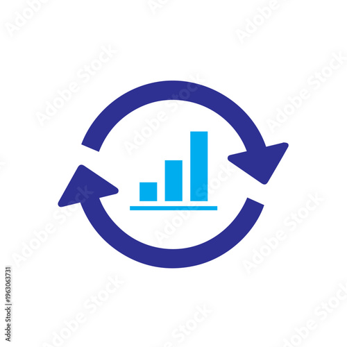 Dark blue and cyan icon shows bidirectional arrows revolving around ascending bar segments signifying recurring financial.