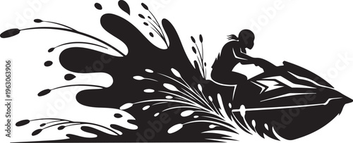 Black silhouette of woman riding jet ski with splash