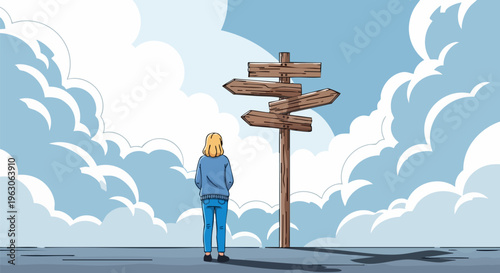 Conceptual vector illustration of a woman standing before a wooden crossroads signpost, decision making and life path choices, person facing direction signs