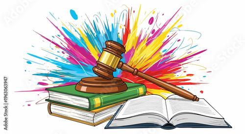 Legal judge gavel on law books with colorful paint splash background, justice system concept vector, courtroom auction hammer and literature