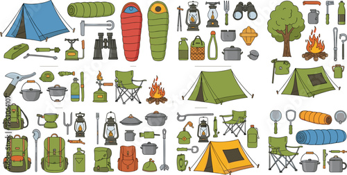 Camping and hiking equipment vector set with tents, backpacks, sleeping bags, cooking gear and outdoor adventure tools in detailed flat illustration style