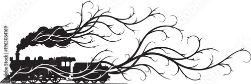 Black silhouette steam train with smoke and branches