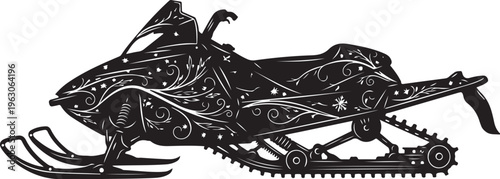 Black snowmobile with white swirling patterns and stars on white background