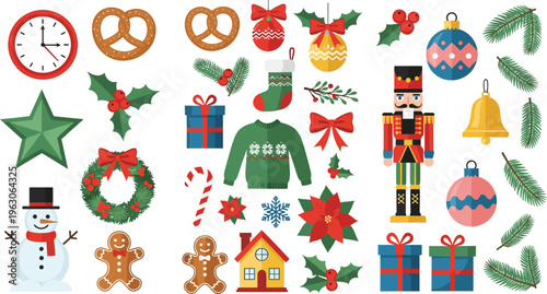Christmas holiday vector set with decorations, gifts, wreath, gingerbread cookies, nutcracker and festive winter elements in flat illustration style