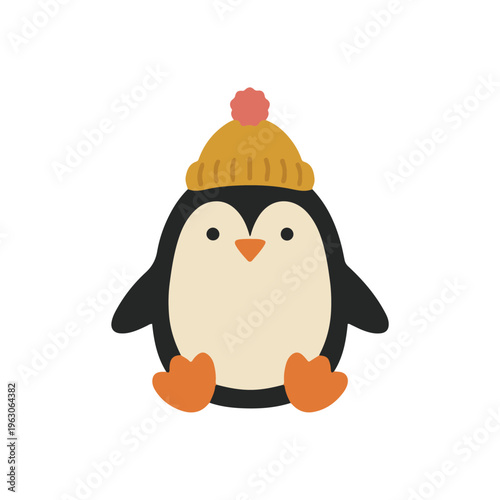 Cute Kawaii Cartoon Penguin Character Wearing a Warm Winter Beanie Hat, Cold Season Concept