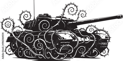 Black tank covered in thorns and vines military vehicle