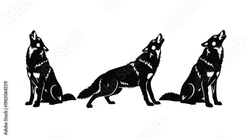A striking black and white illustration depicts three wolves howling showcasing their powerful forms