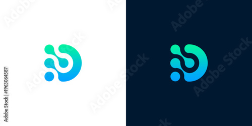 Abstract letter D logo with fluid gradient design and interconnected dots, symbolizing technology and data flow
