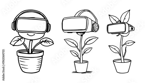 Plant set with doodle style illustration of a plant wearing a VR headset on a thick line drawing with white background featuring plant, VR headset, digital nature with quirky and imaginative