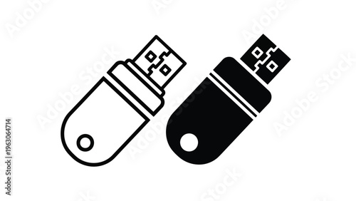 A simple black and white illustration depicts two usb flash drive icons one connected and one disconnected