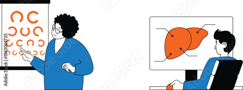 Medical professional explaining visual acuity chart while patient observes liver scan on screen together